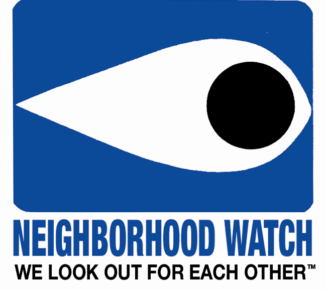 Logo of a neighborhood watch, depicting a shield with a figure