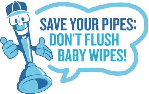An illustration showing a clogged pipe with the message Save your pipes Avoid flushing baby wipes